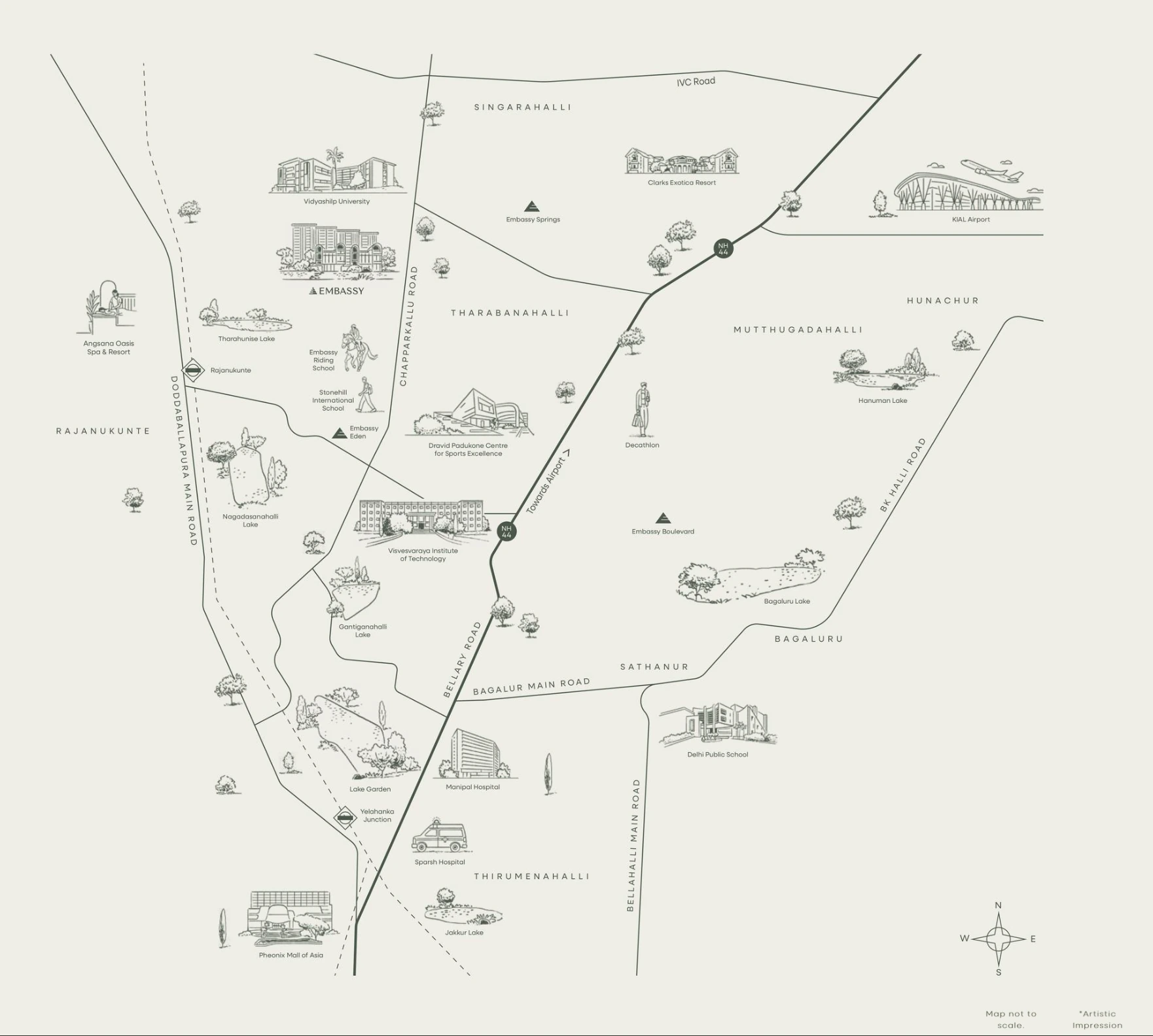 Embassy connectivity map — North Yelahanka, Bengaluru showing nearby IT parks, education, healthcare and transport links